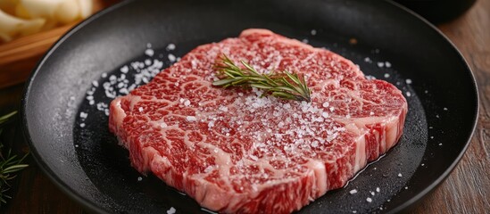 Poster - Marbled beef steak seasoned with salt in a sizzling frying pan ready for cooking gourmet meal preparation gourmet culinary art