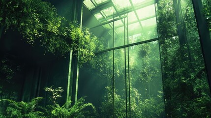 Poster - Abstract eco-themed greenhouse with lush greenery and sunlight filtering through glass, creating a serene environmental atmosphere.
