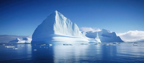 Poster - Majestic icebergs floating in serene glacial lagoon reflecting clear blue skies in a stunning national park landscape.