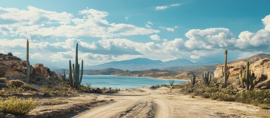 Poster - Scenic desert landscape in Mexico with coastal views and dramatic clouds showcasing natural beauty and serene escape