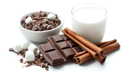 Aufkleber - Delicious hot chocolate ingredients featuring marshmallows, cinnamon sticks, chocolate pieces, and milk for a cozy winter treat.