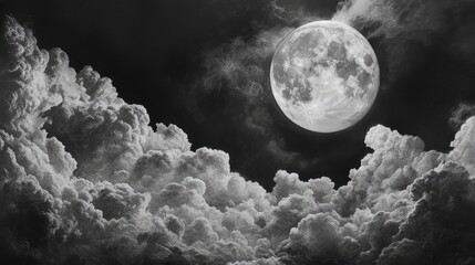 Poster - Majestic full moon illuminating dramatic clouds in a moody night sky creating a serene and mystical atmosphere for nature lovers.