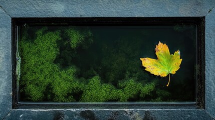Aufkleber - Leaf resting on still moss-covered water in a concrete canal with lush green crab grass framing the scene.