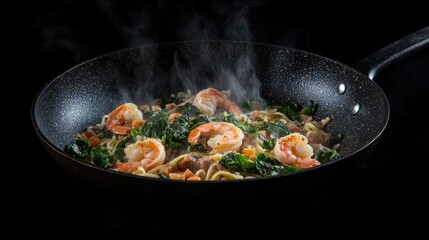 Poster - Italian pasta with shrimp and greens steaming in a pan on a dark background showcasing healthy seafood cuisine and vibrant flavors