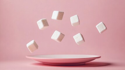 Poster - Floating marshmallows above a pink plate on a soft pink background creating a whimsical and delicate dessert scene