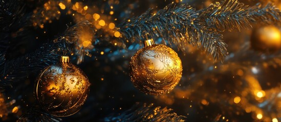 Poster - Golden Christmas tree ornaments with glittering lights creating a warm festive atmosphere during the holiday season