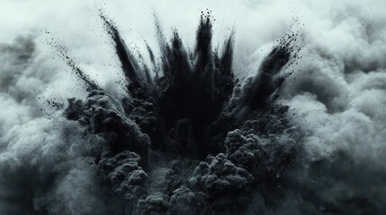 Poster - Dynamic black dust explosion creating dramatic visual effects on a gray background with fine details of particles and motion freeze.