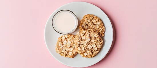 Poster - Healthy breakfast flatlay with oatmeal cookies and milk on a white plate against a pink background promoting nutritious eating habits