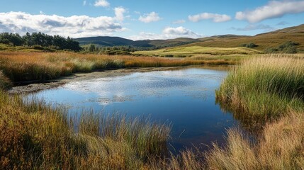 Poster - Serene marshland landscape with a tranquil pond surrounded by lush greenery under a clear blue sky and gentle clouds