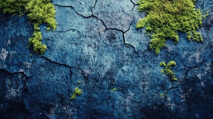 Poster - Abstract cracked blue background with moss detail for textured design and nature-themed projects.