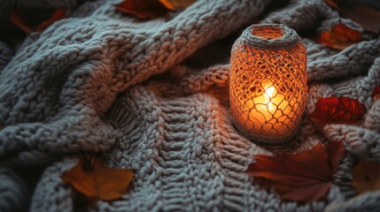 Poster - Warm autumn ambiance with knitted blanket, crochet doily, and candlelight surrounded by fallen leaves showcasing seasonal comfort