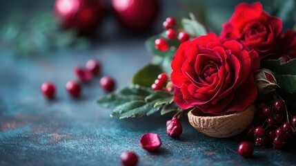Poster - Elegant red roses with bokeh background and decorative elements creating a romantic and festive atmosphere for floral or seasonal themes