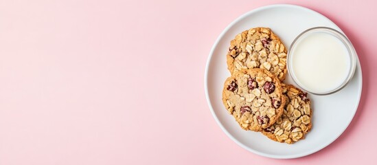 Aufkleber - Healthy oatmeal cookies and milk on a white plate over a pink background embodying nutritious eating and cereal preparation concepts