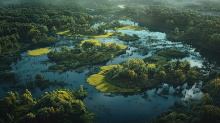 Poster - Aerial View of Serene Natural Reserve with Lush Greenery and Tranquil Water Bodies in Morning Light