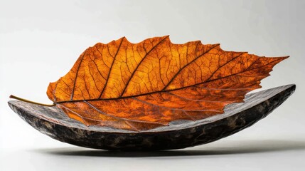 Aufkleber - Autumn Leaf on a Rustic Bowl Capturing the Essence of Fall with Warm Colors and Natural Textures