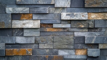 Poster - Textured stone wall background with layered slate in various shades of gray and hints of gold creating an elegant architectural finish