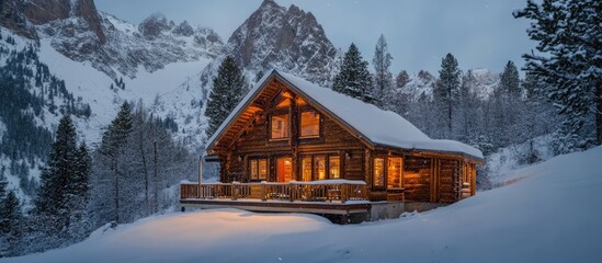 Poster - Cozy mountain cabin in winter surrounded by snow-covered trees and falling snowflakes creating a serene and picturesque landscape.