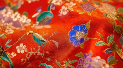 Poster - Vibrant red silk fabric adorned with intricate floral and bird patterns showcasing rich colors and textures