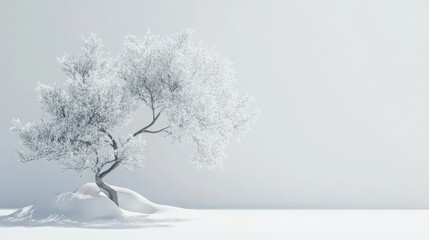 Poster - Minimalist 3D Rendering of an Isolated Frosted Tree on a White Background Symbolizing Serenity and Winter Beauty