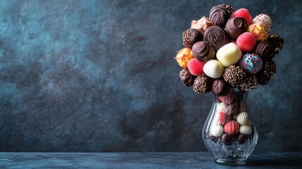 Poster - Bouquet of chocolate candies and marshmallows arranged in a glass vase against a textured backdrop showcasing an inviting dessert presentation