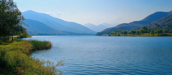 Poster - Serene lake nestled between majestic mountains under a clear blue sky with lush greenery along the shoreline creating a tranquil landscape scene
