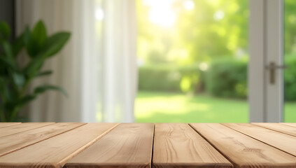 Aufkleber - A wood table top is in focus while a blurred curtain and greenery from the garden are visible in the background._00002_
