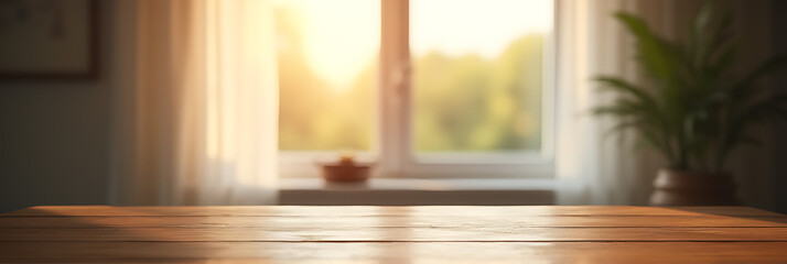 Poster - A wood table sits in front of a blurred window with a partial view of a morning background and curtain._00004_