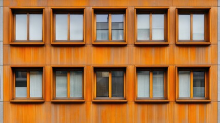 Poster - Facade of an industrial building with warm orange metal cladding and symmetrical windows creating a striking modern architectural design