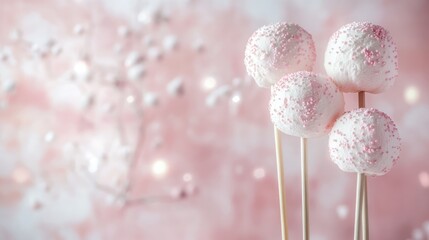 Poster - Marshmallow cake pops on wooden sticks adorned with pink sprinkles against a soft pink background for festive celebrations