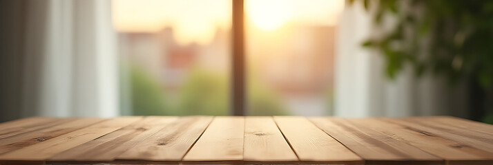 Poster - A wood table sits in front of a blurred window with a partial view of a morning background and curtain._00002_
