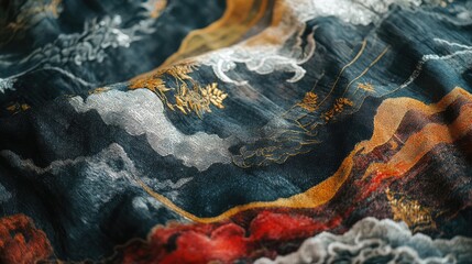 Poster - Elegant close-up of richly textured fabric flag featuring intricate patterns and vibrant colors ideal for artistic backgrounds and designs.