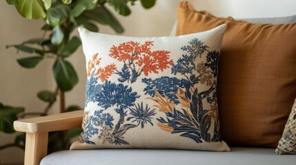 Poster - Linen throw pillow with floral design on cozy sofa in clean natural living space showcasing comfort and style