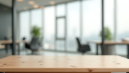 Aufkleber - A wood table sits atop a blurred white glass window backdrop in an office setting used for product displays and visual marketing._00004_
