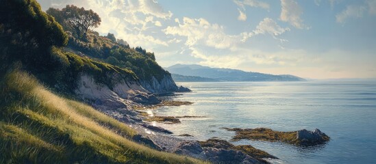 Poster - Tranquil morning by the bay with lush greenery and gentle waves under a clear sky showcasing serene coastal beauty.