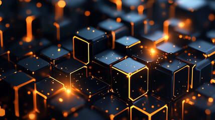 Fototapete - Ai generate futuristic black cubes with orange glow in an abstract technology landscape digital art environment high angle view