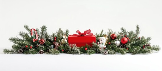 Poster - Festive arrangement of fir branches with red gift box and decorative toys on a white background ideal for holiday-themed designs and promotions