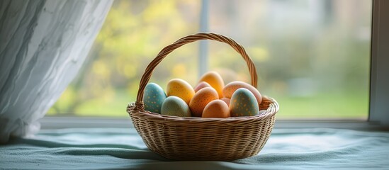 Poster - Colorful Easter eggs in a wicker basket beside a window on a soft tablecloth creating a warm festive atmosphere for spring celebration.