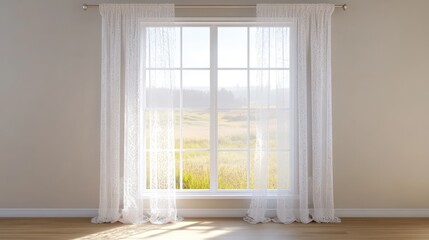 Poster - Elegant white lace curtains draping a window with scenic views of a serene landscape illuminating the room with natural light