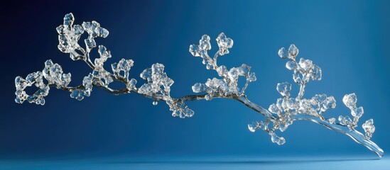 Poster - Frosted branch with crystal-like droplets set against a serene blue backdrop highlighting winter's delicate beauty