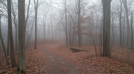 Poster - Mysterious forest pathway shrouded in fog with autumn leaves creating an eerie atmosphere