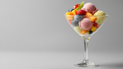 Aufkleber - Colorful fruit ice cream scoops in a stylish martini glass against a minimalist background for dessert and culinary themes