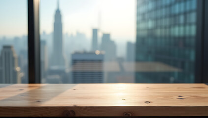 Poster - A wood table is placed in front of a blurred glass window with a cityscape in the background for visual storytelling._00001_