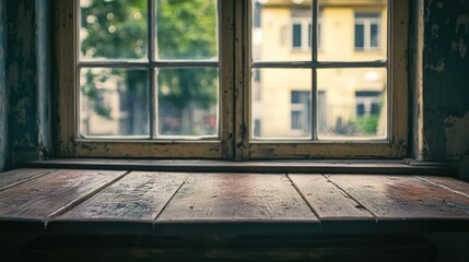 Poster - Natural light illuminating a rustic wooden window sill with a view of green trees and an old building in the background