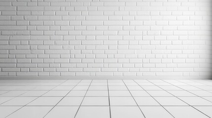 Poster - minimalist empty room with white tiled floor and textured white brick wall for modern interior desig