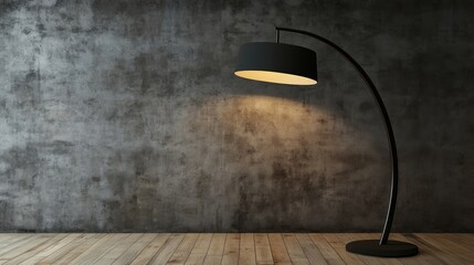Poster - Modern minimalist empty room with concrete wall and wooden floor featuring a stylish arc floor lamp illuminating the space.