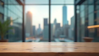 Poster - A wood table is placed in front of a blurred glass window with a cityscape in the background for visual storytelling._00002_