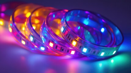 Poster - Vibrant LED light strips arranged in circular rings showcasing colorful illumination effects for creative lighting design.