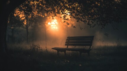 Aufkleber - Lonely park bench at sunset surrounded by misty trees evoking feelings of nostalgia and waiting in a serene natural setting.