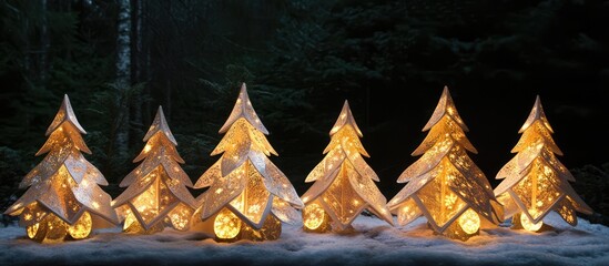 Aufkleber - Festive illuminated Christmas tree decorations creating a cozy holiday atmosphere in a winter forest setting