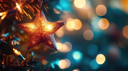 Poster - Glowing Star Ornament on Christmas Tree with Soft Focus Lights Background